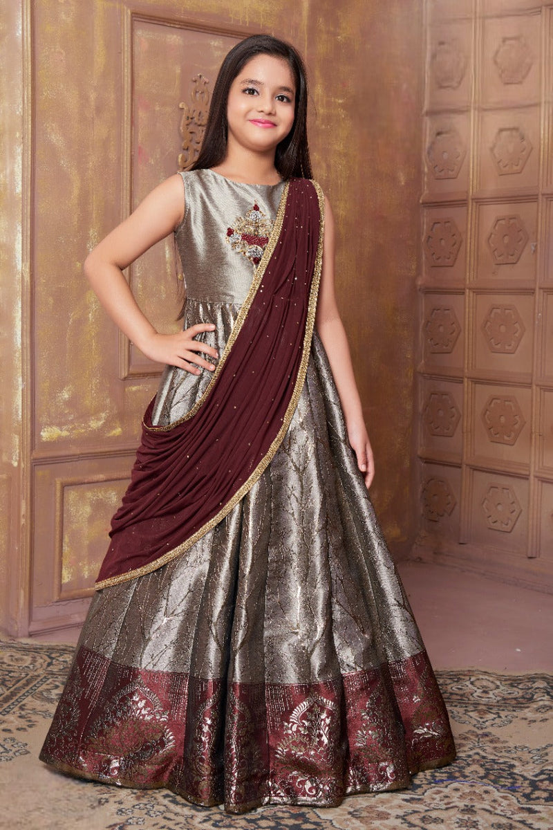 Attached Dupatta Long Gown Dress With Dupatta Girls Wine Printed