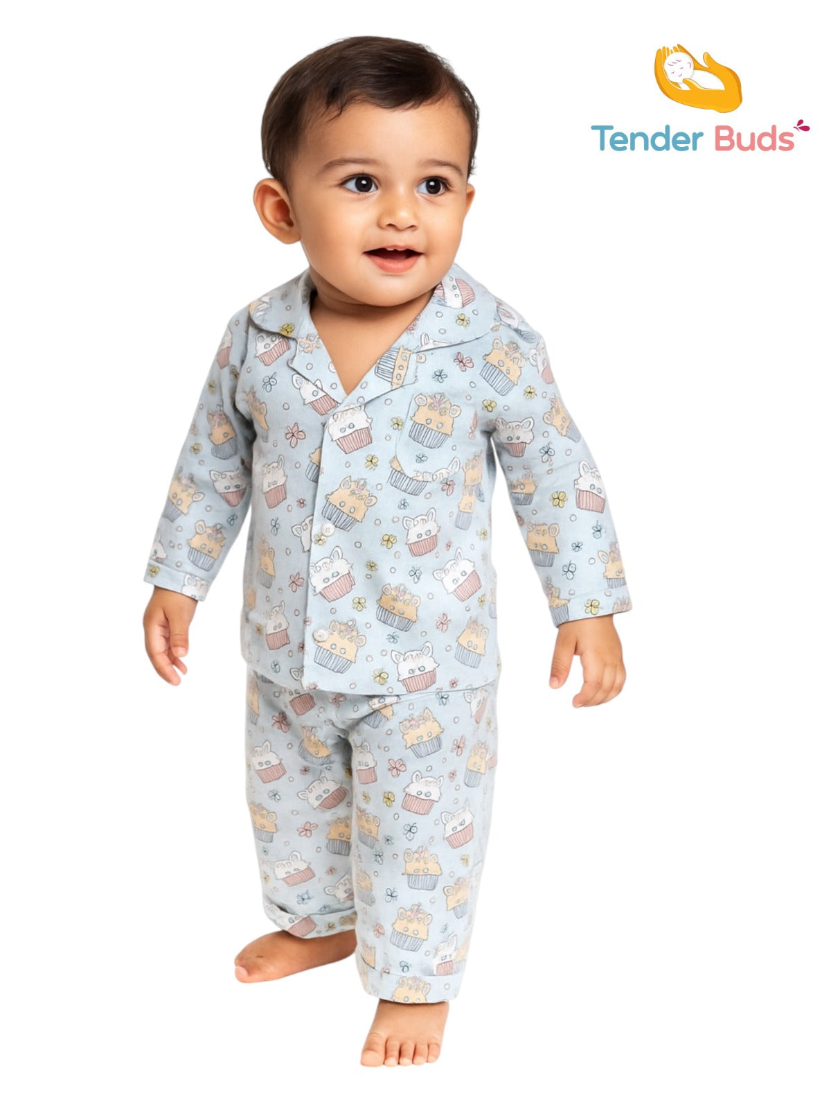 Baby Grey Printed Muslin Cotton Full Sleeve Night Suit