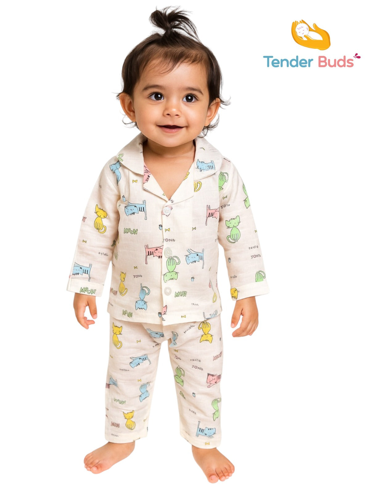 Baby Peach Printed Muslin Cotton Full Sleeve Night Suit