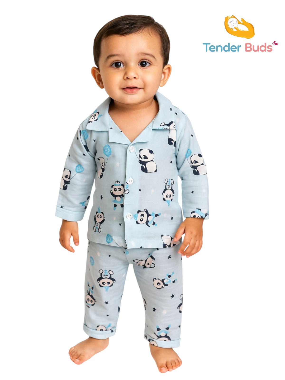 Baby Blue Printed Muslin Cotton Full Sleeve Night Suit