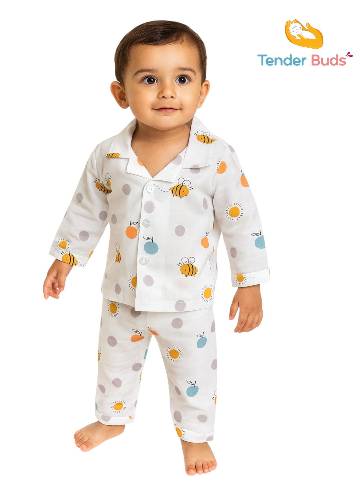 Baby White Printed Muslin Cotton Full Sleeve Night Suit