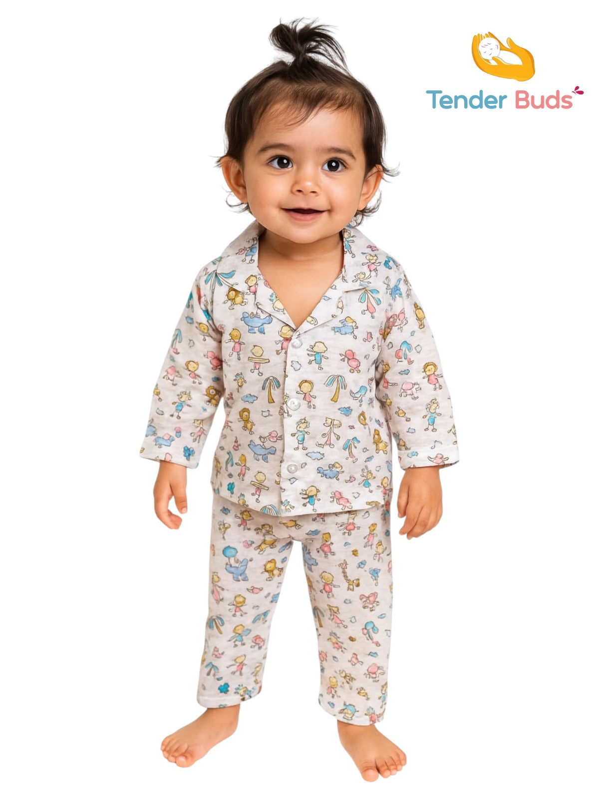 Baby Pink Printed Muslin Cotton Full Sleeve Night Suit