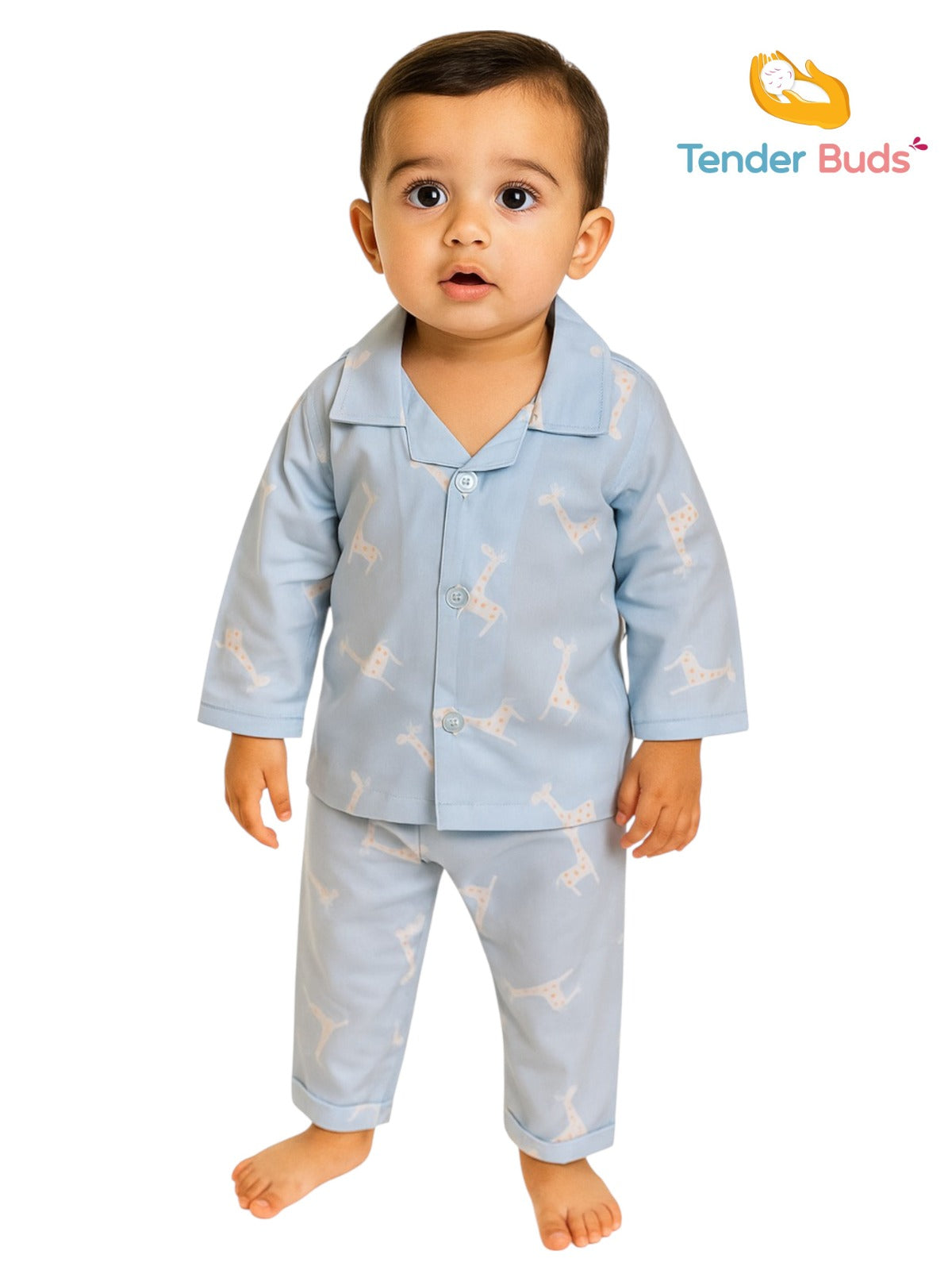 Baby Sky Blue Printed Poplin Cotton Full Sleeve Night Suit
