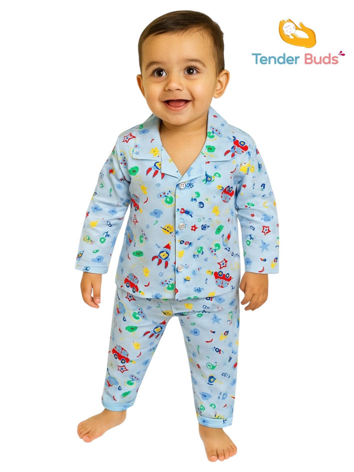Baby Blue Printed Poplin Cotton Full Sleeve Night Suit