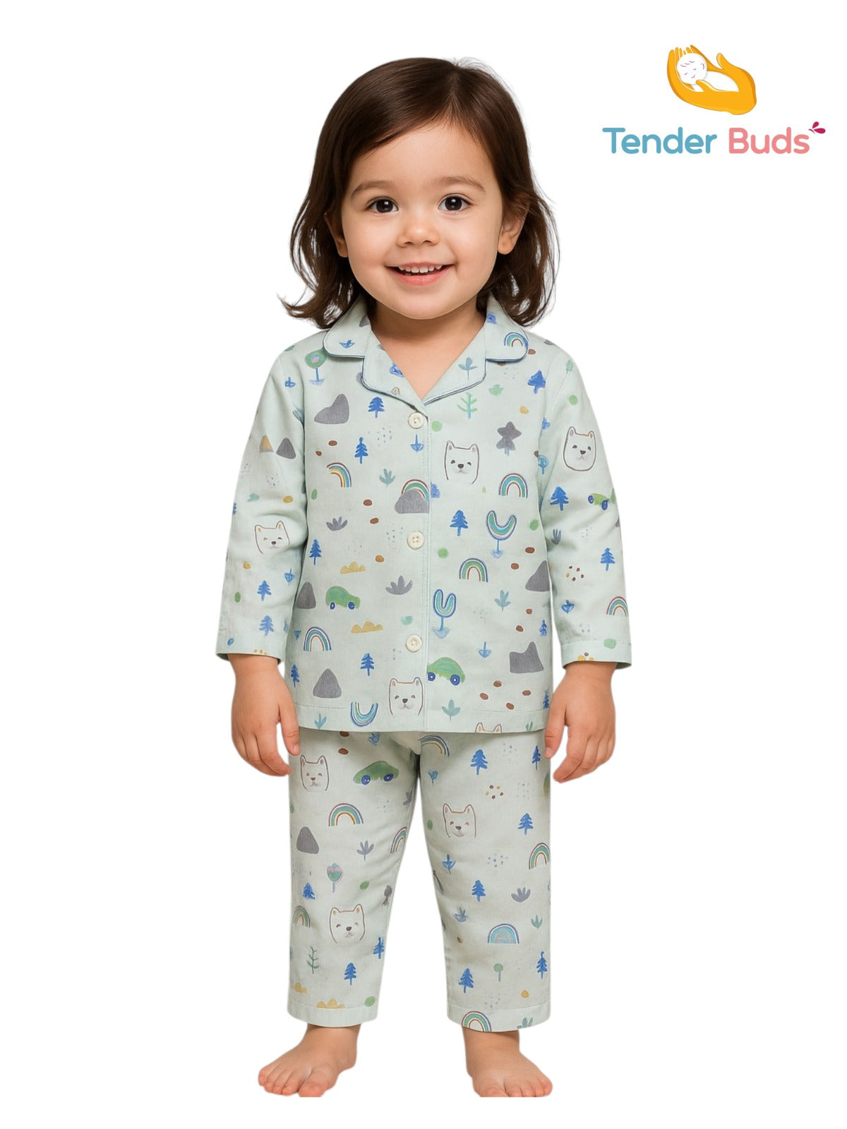 Baby Pista Green Printed Poplin Cotton Full Sleeve Night Suit