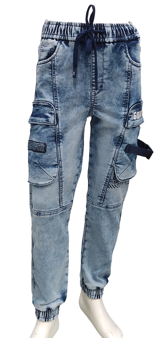 Boys Light Blue Elastic Waist Stylish Six Pocket Denim Joggers Cargo Pant