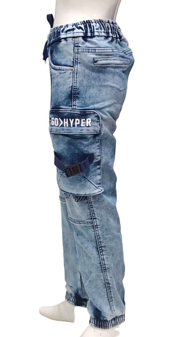 Boys Light Blue Elastic Waist Stylish Six Pocket Denim Joggers Cargo Pant