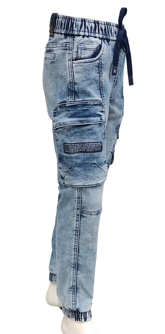 Boys Light Blue Elastic Waist Stylish Six Pocket Denim Joggers Cargo Pant