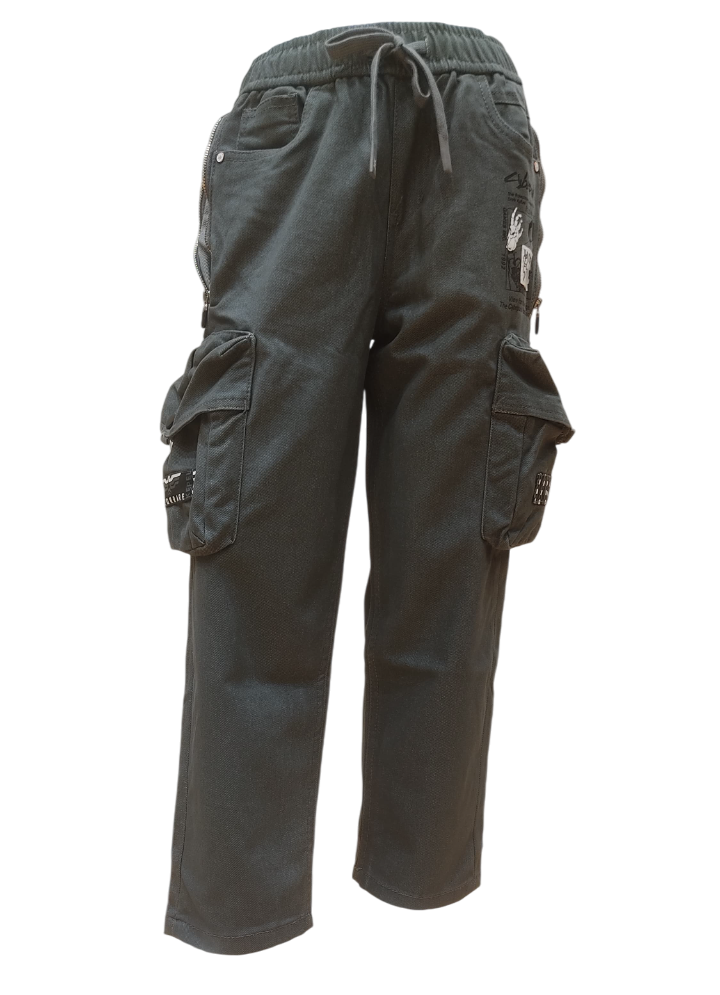 Boys Grey Fancy Elastic Waist Cargo Pant