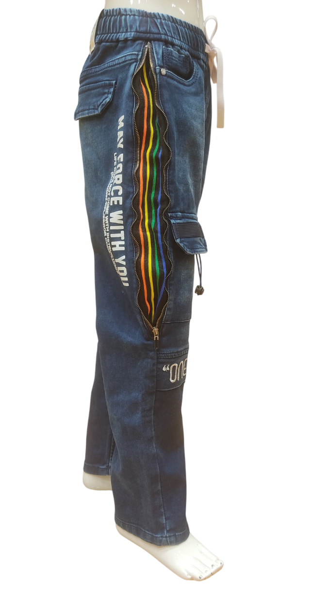 Boys Dark Blue Fancy Elastic Waist Cargo Pant