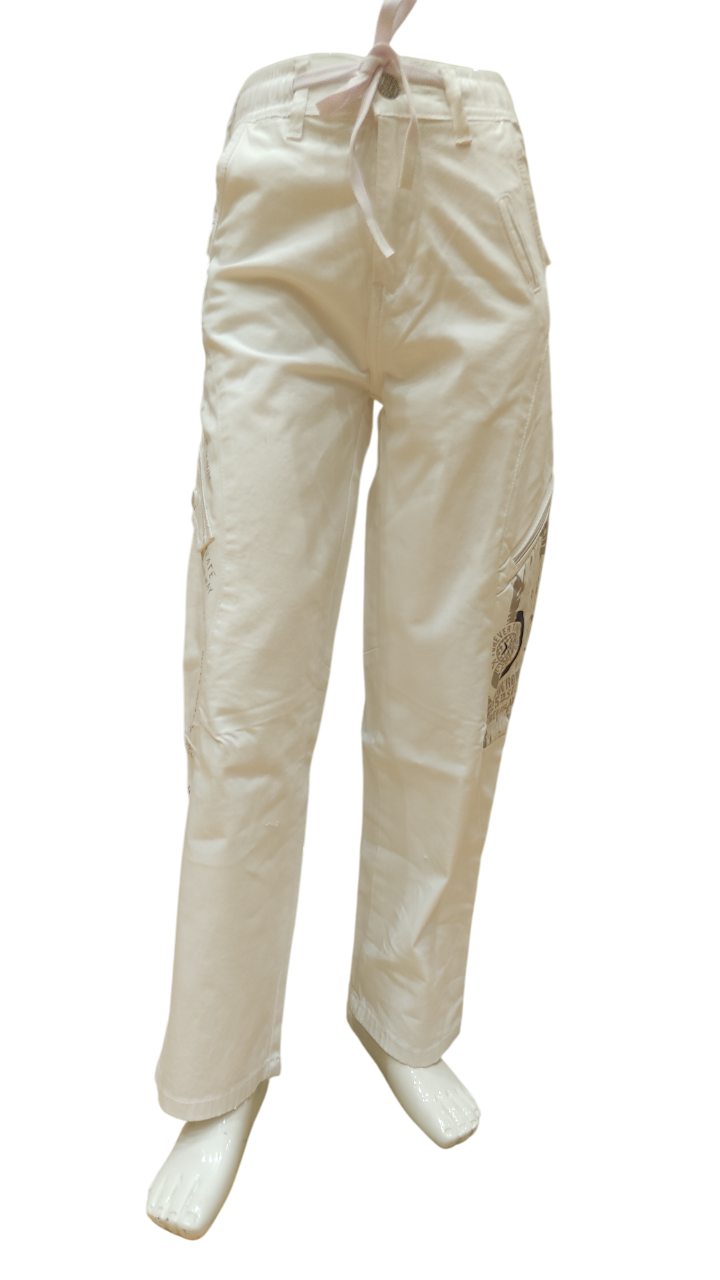 Boys White Elastic Waist Fancy Cotton Cargo Pant