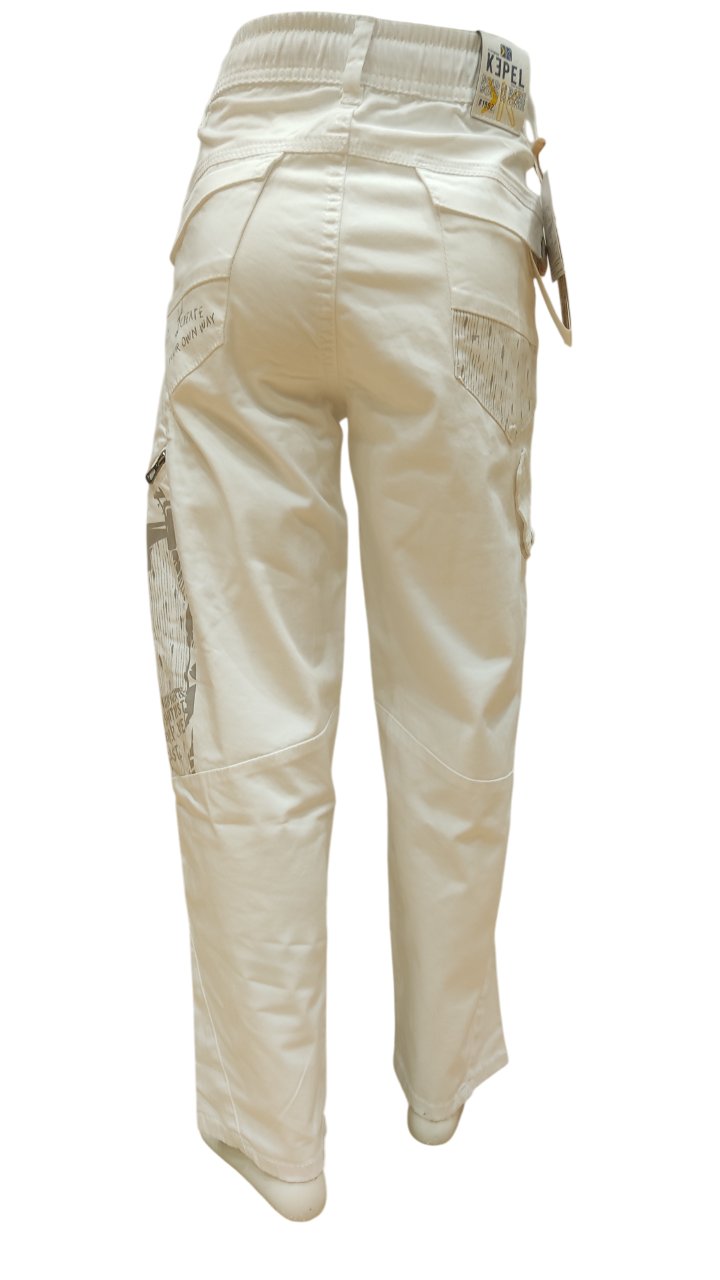 Boys White Elastic Waist Fancy Cotton Cargo Pant