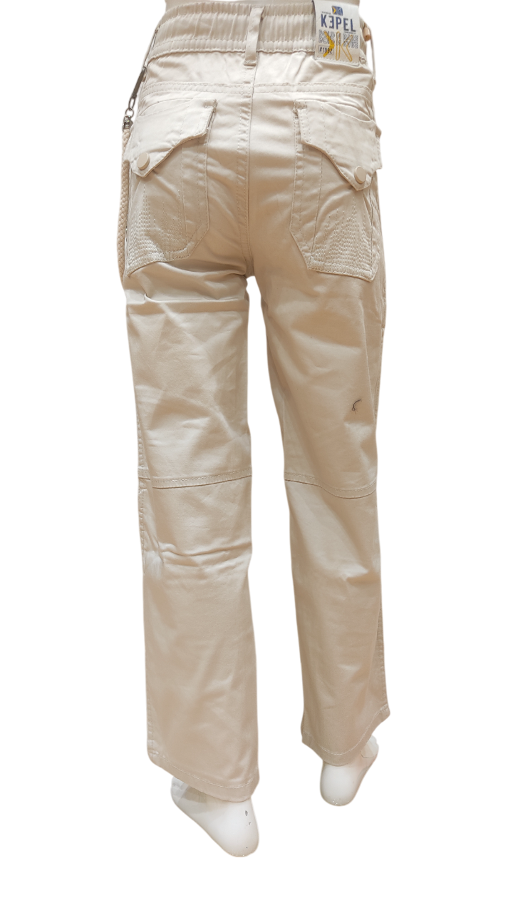 Boys Cream Elastic Waist Fancy Cotton Cargo Pant