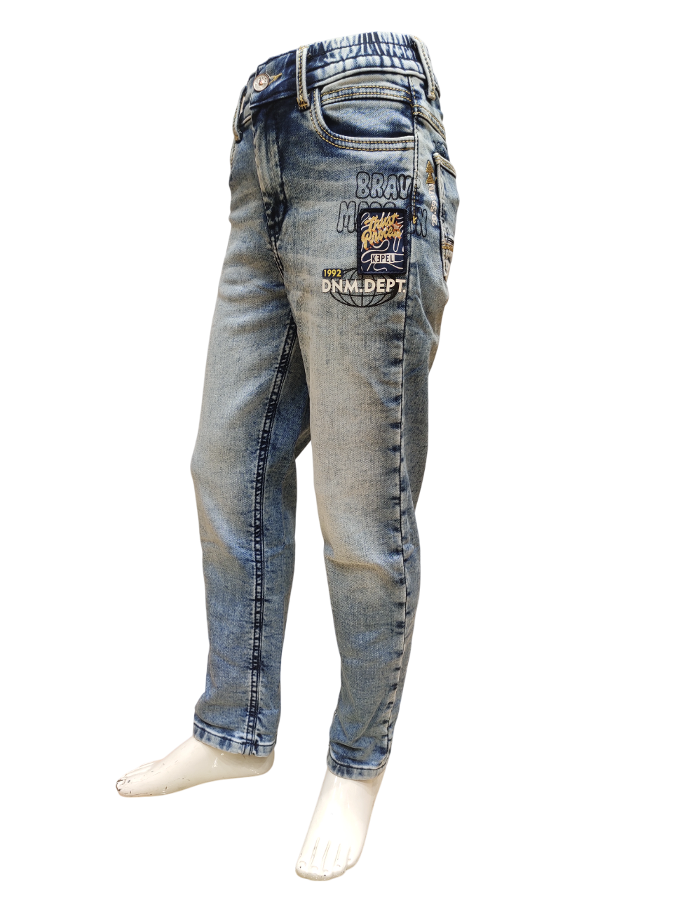 Boys Light Blue Elastic Waist Fancy Denim Jeans