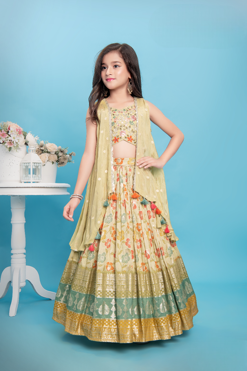 Girls Pista Green Traditional Fancy Choli Suit