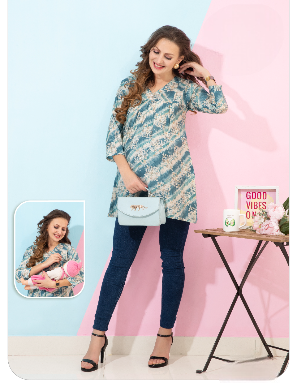 Women's Blue Printed Feeding Top