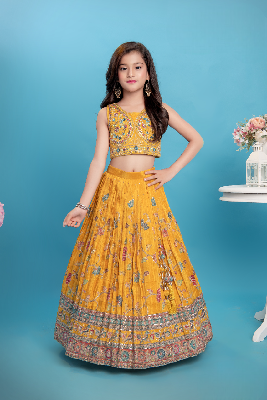 Girls Gold Traditional Fancy Choli Suit With Dupatta