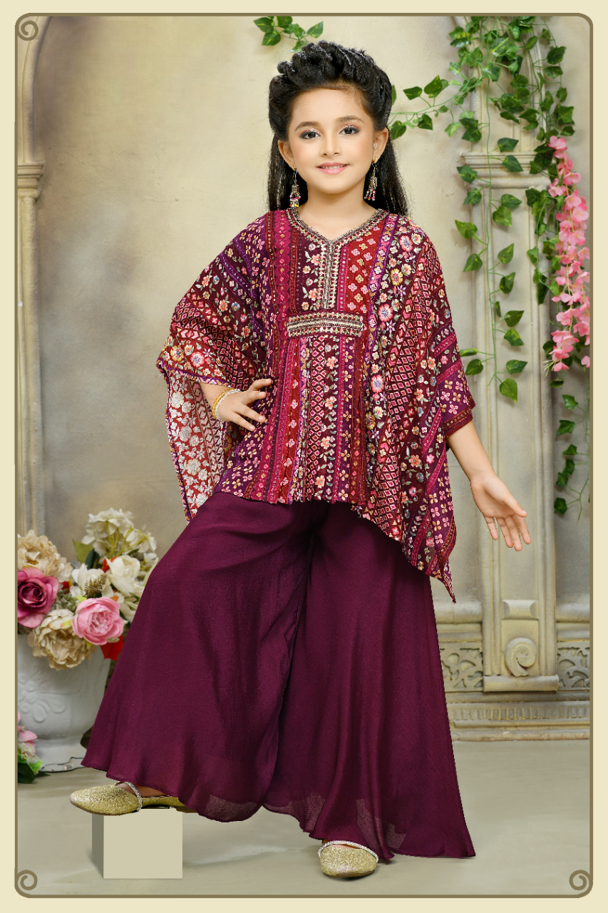 Girls Wine Designer Fancy Plazo Suit
