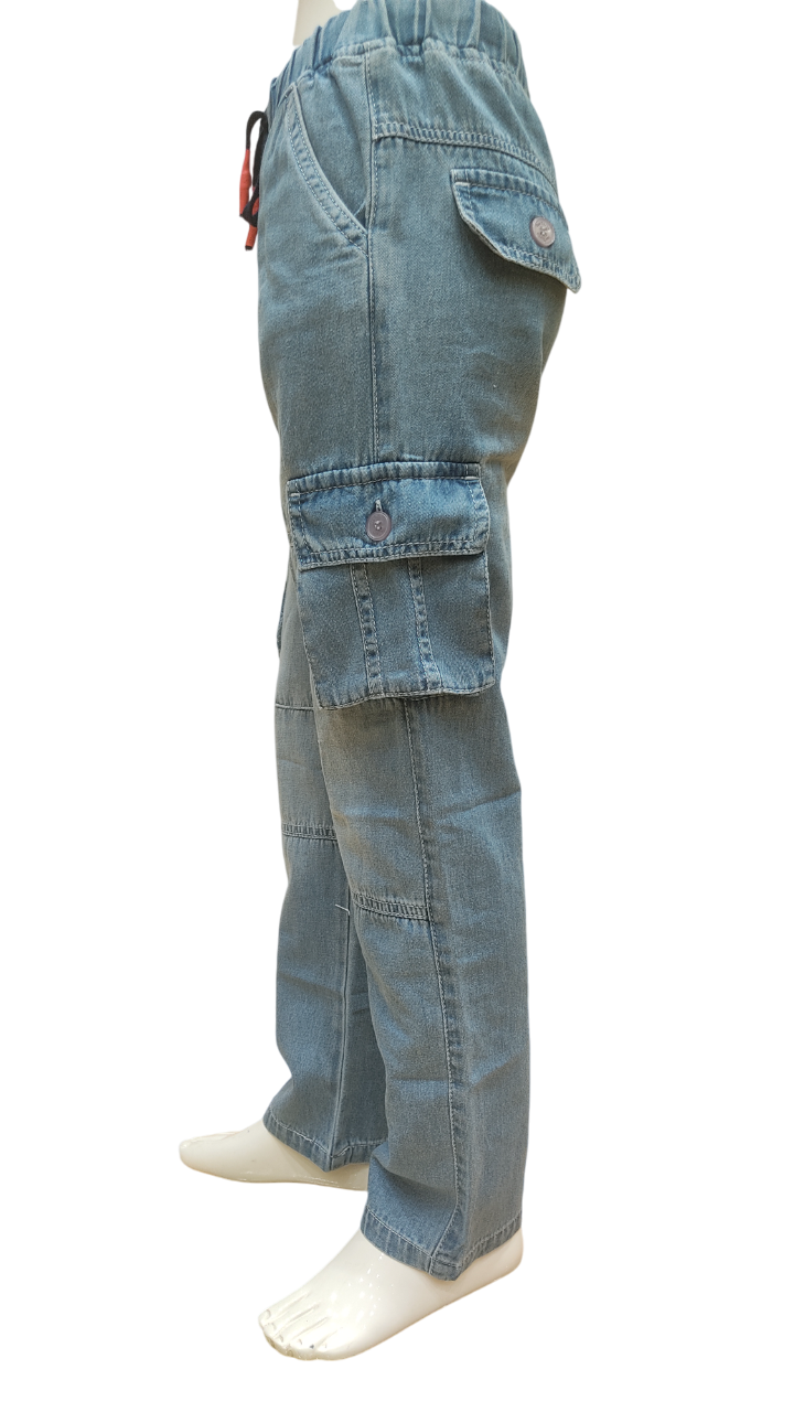 Boys Stone Wash Elastic Waist Fancy Denim Cargo Pant