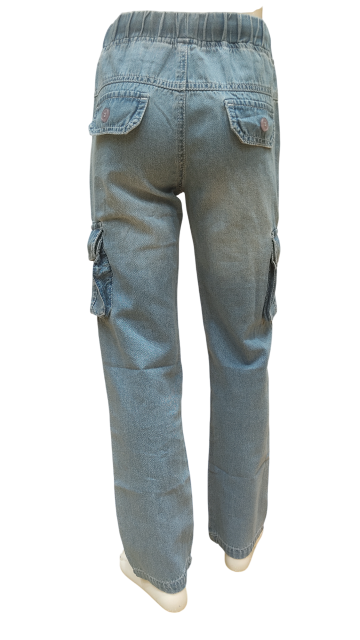 Boys Stone Wash Elastic Waist Fancy Denim Cargo Pant