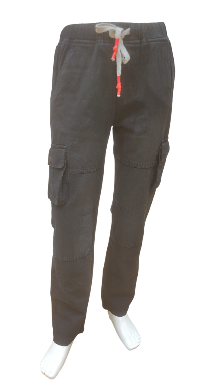 Boys Black Elastic Waist Fancy Denim Cargo Pant