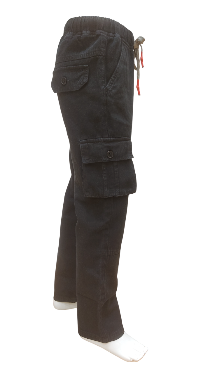 Boys Black Elastic Waist Fancy Denim Cargo Pant
