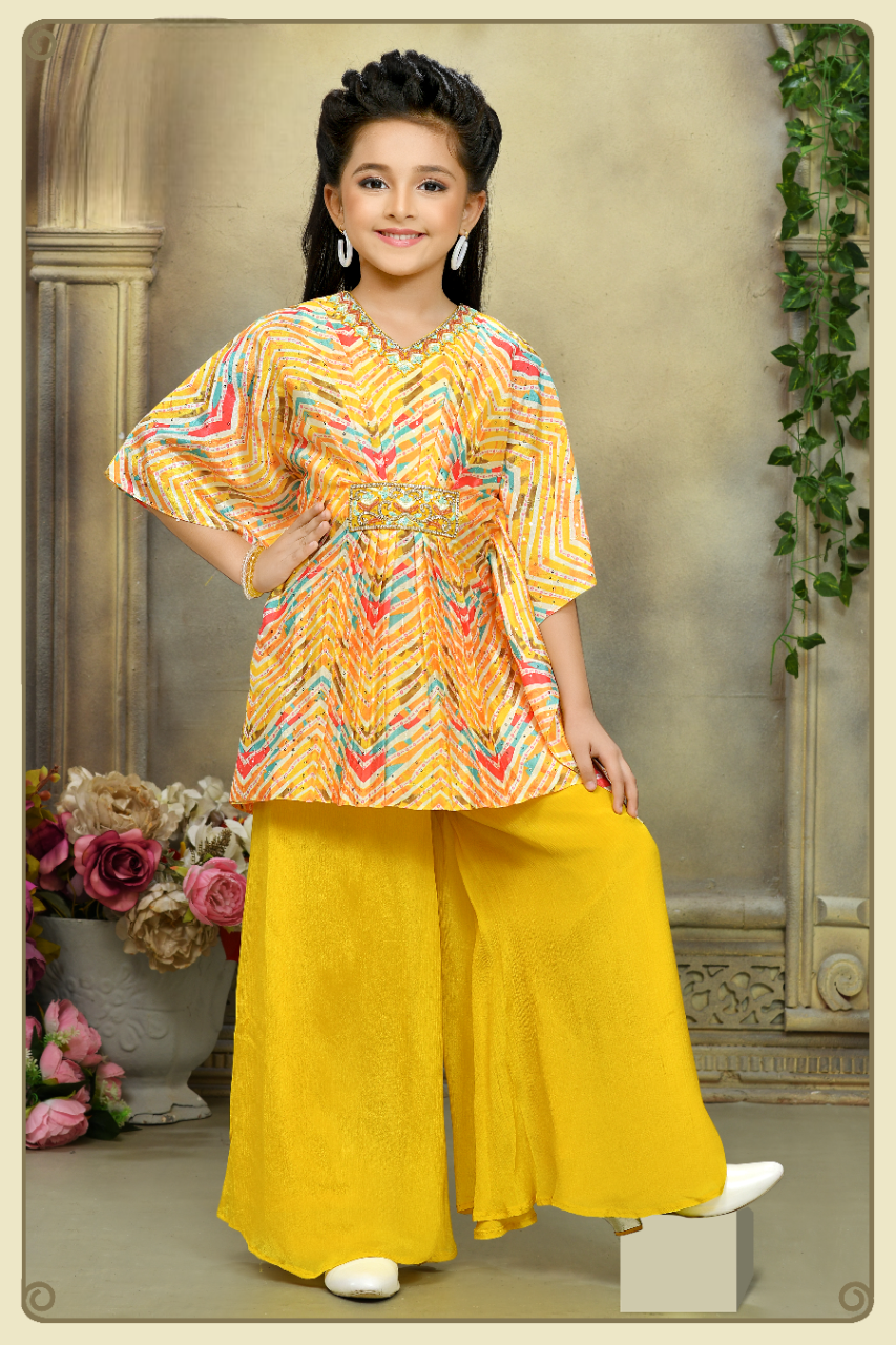 Girls Yellow Designer Fancy Plazo Suit