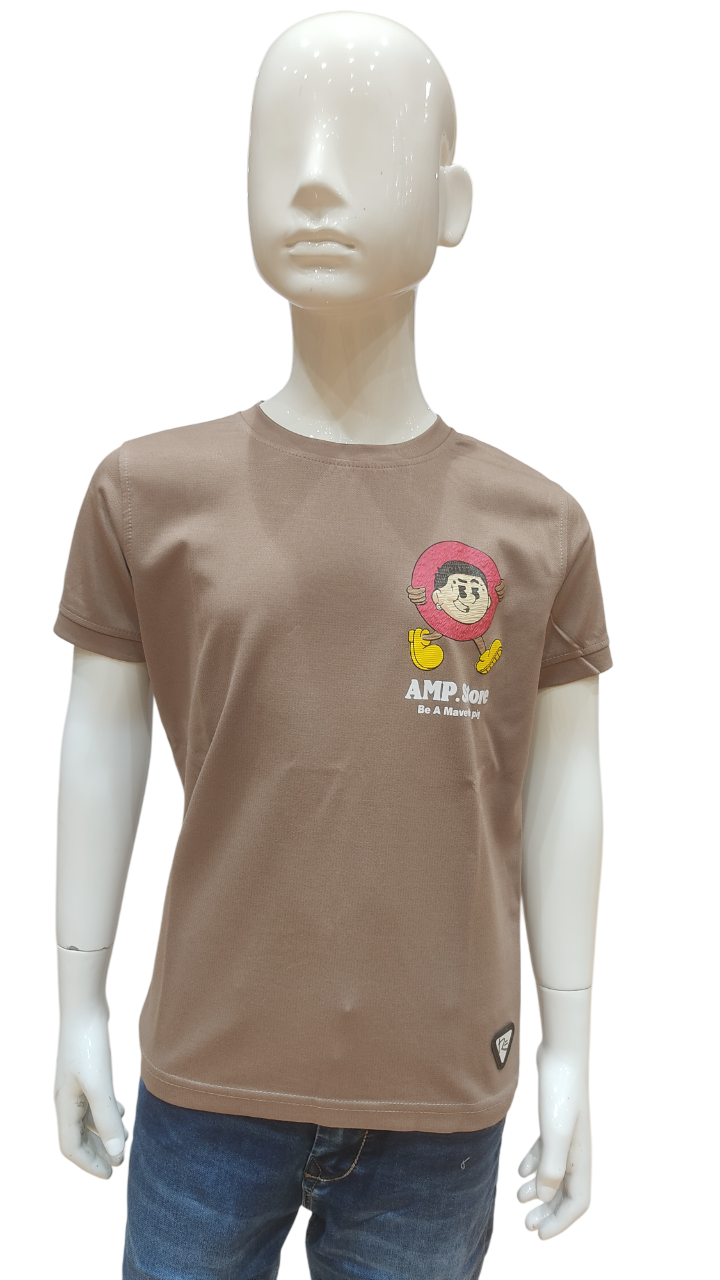 Boys Light Brown Half Sleeve Printed Fancy T-Shirt