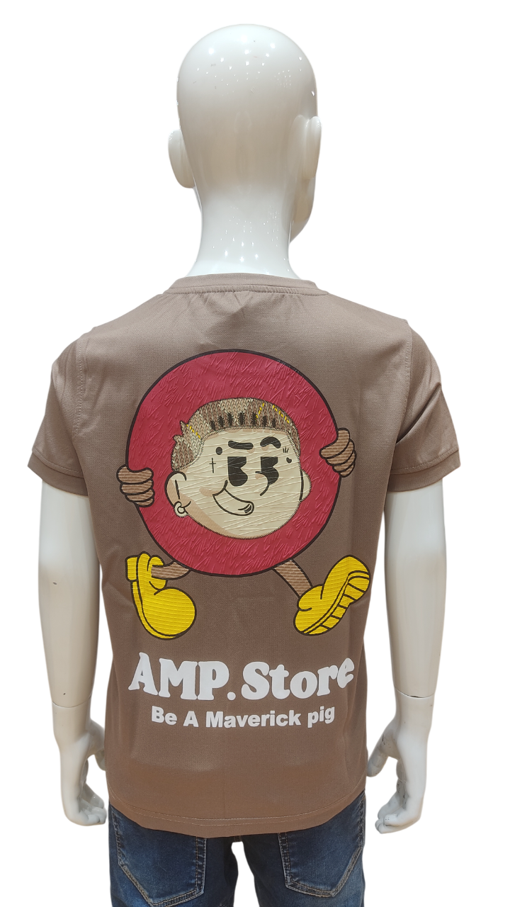 Boys Light Brown Half Sleeve Printed Fancy T-Shirt