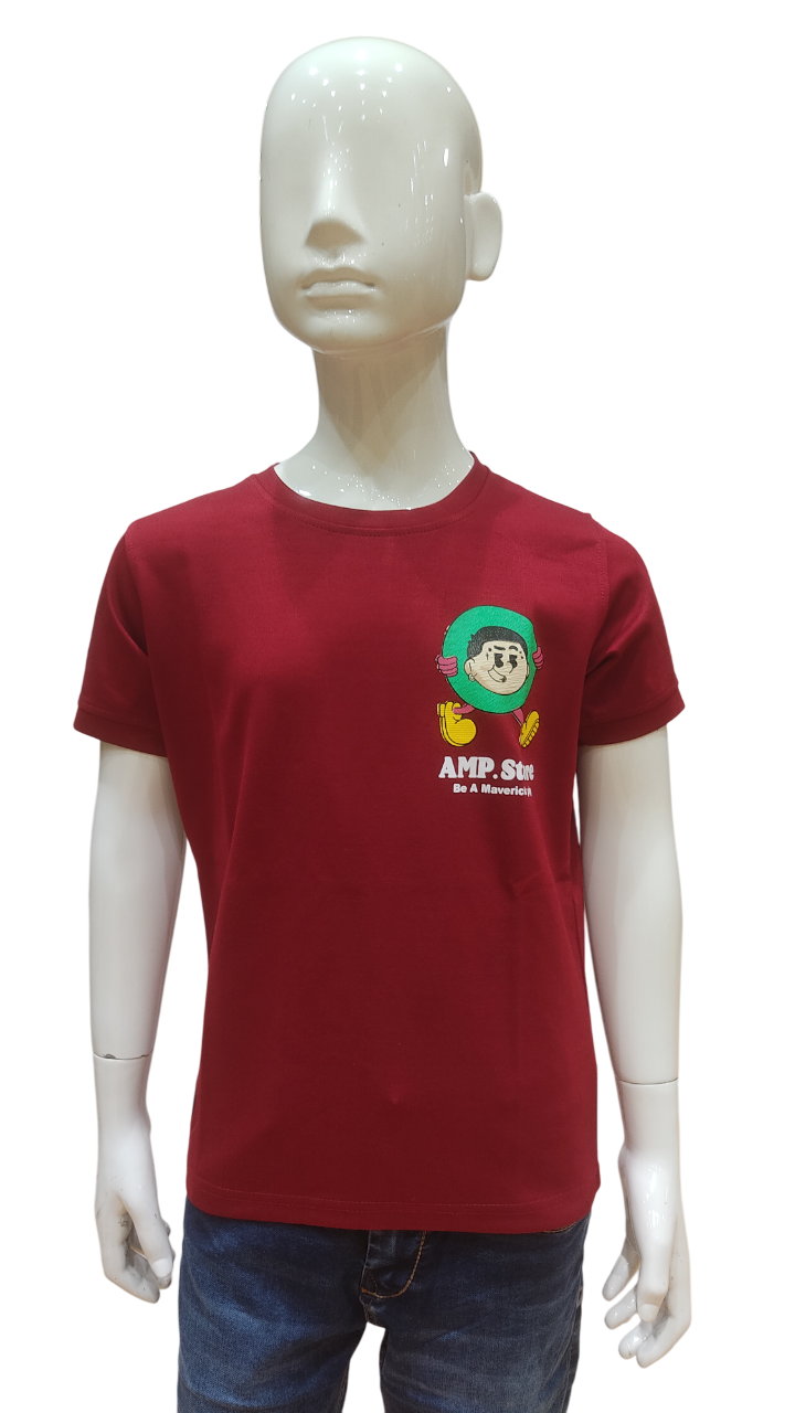 Boys Maroon Half Sleeve Printed Fancy T-Shirt