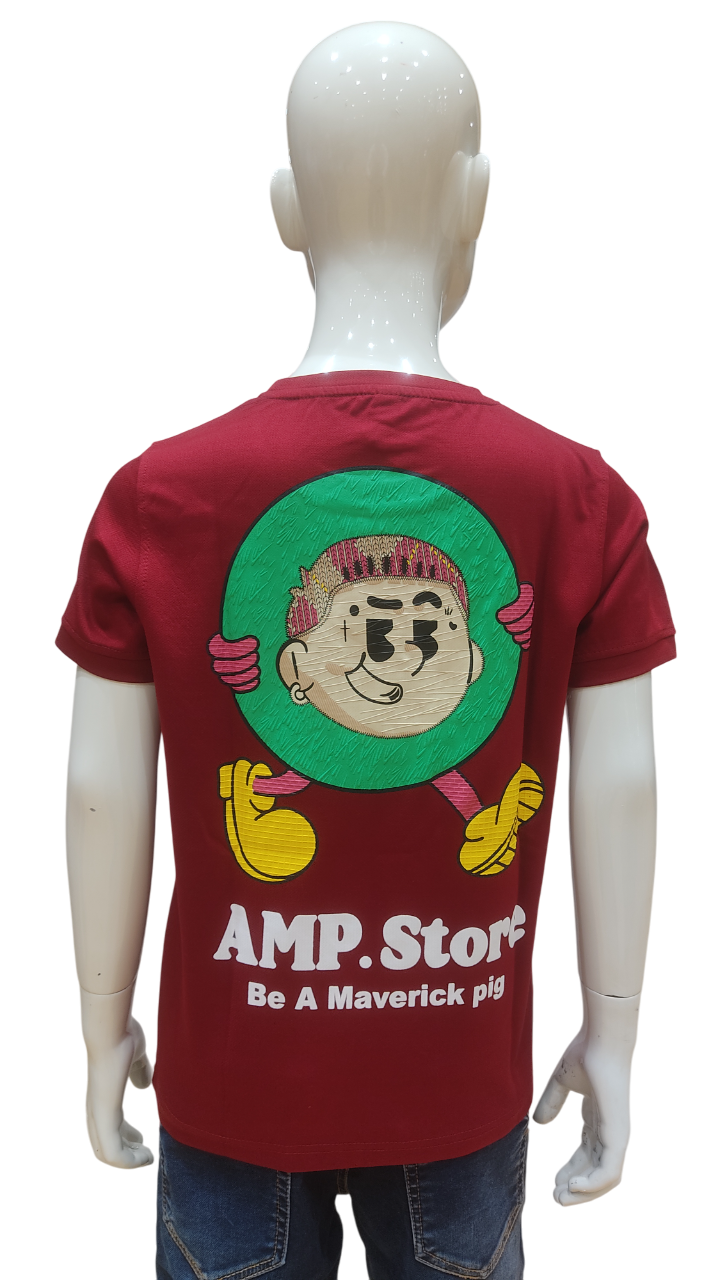 Boys Maroon Half Sleeve Printed Fancy T-Shirt