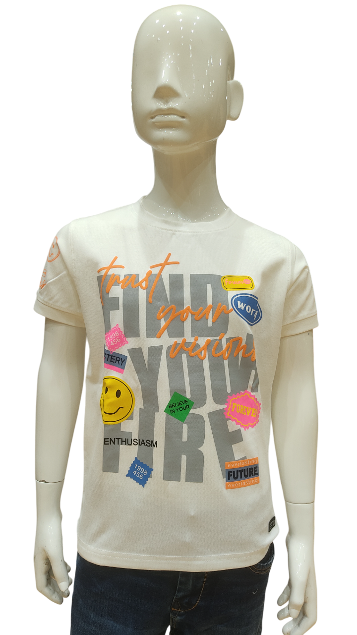 Boys Off White Half Sleeve Printed Fancy T-Shirt