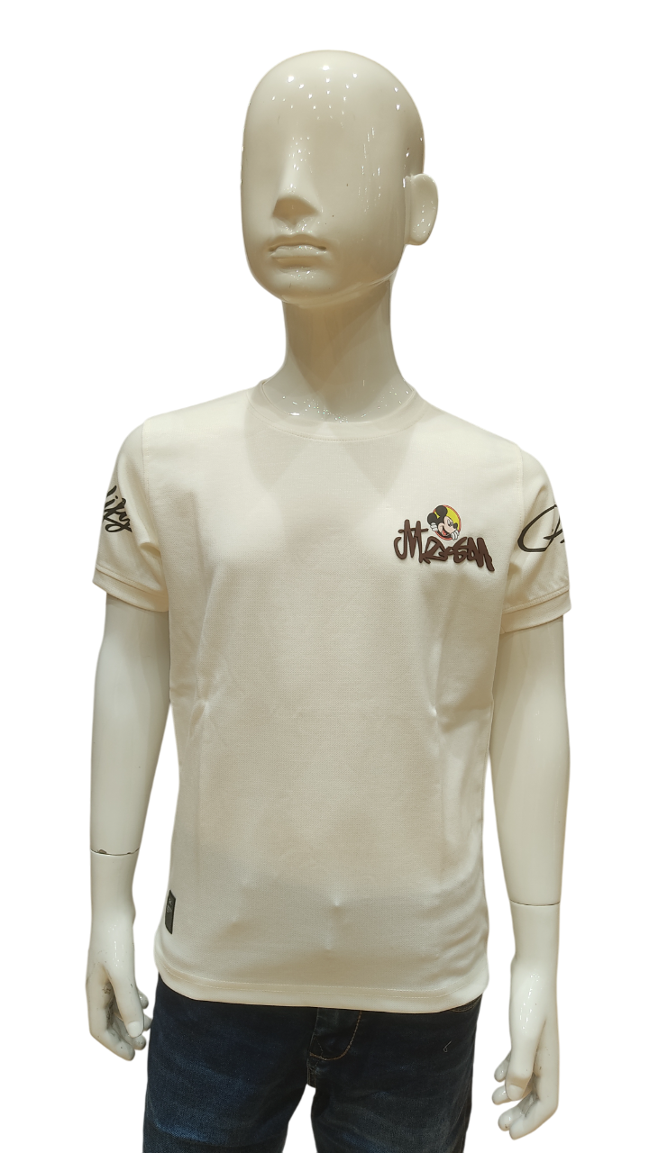 Boys Off White Half Sleeve Printed Fancy T-Shirt