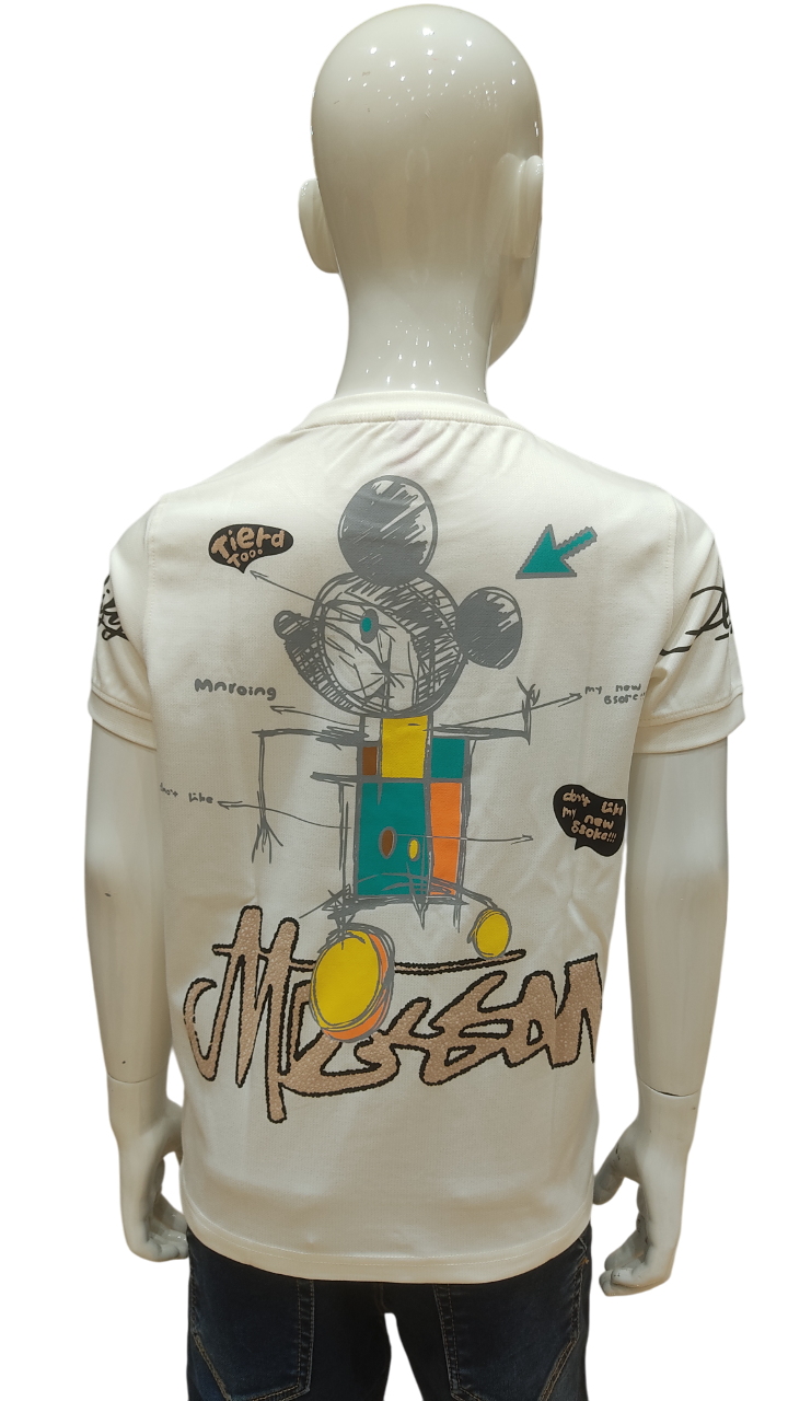 Boys Off White Half Sleeve Printed Fancy T-Shirt