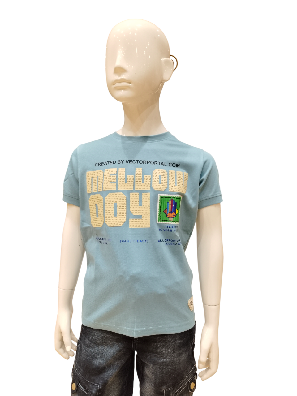 Boys Air force Blue Half Sleeve Round Neck Fancy Printed T-Shirt