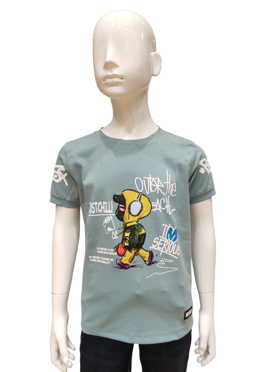 Boys Pista Green Round Neck Half Sleeve Fancy Printed T-Shirt