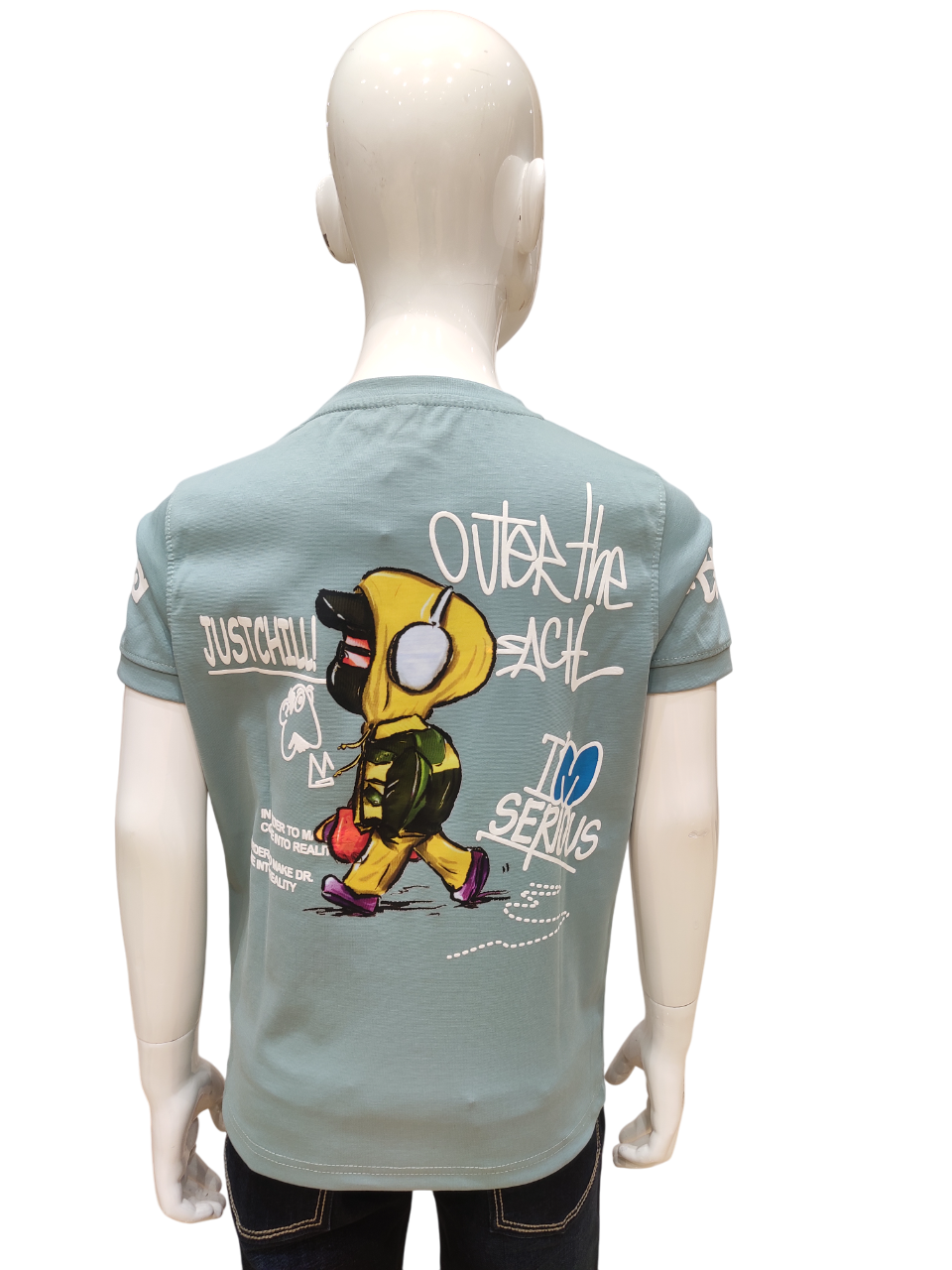 Boys Pista Green Round Neck Half Sleeve Fancy Printed T-Shirt