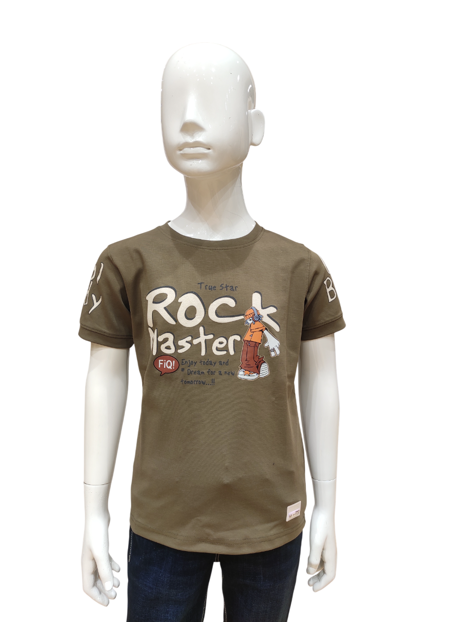 Boys Olive Green Round Neck Half Sleeve Fancy Printed T-Shirt