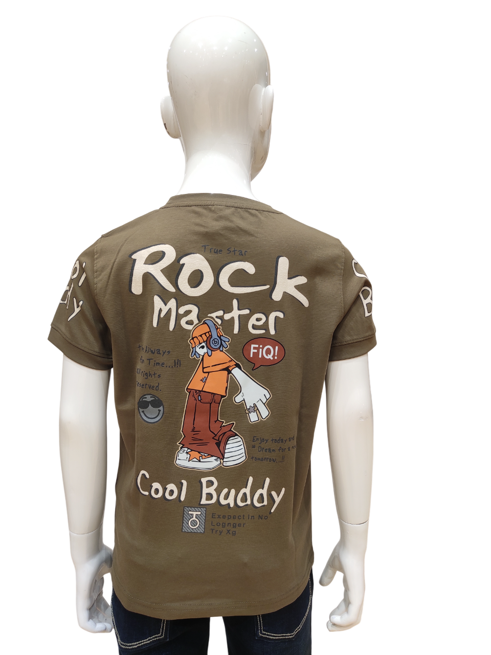 Boys Olive Green Round Neck Half Sleeve Fancy Printed T-Shirt