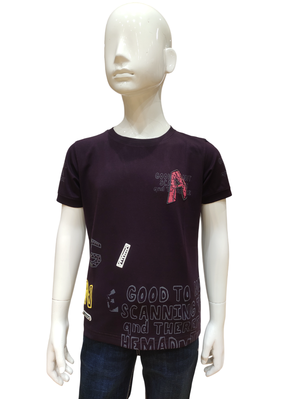 Boys Wine Round Neck Half Sleeve Fancy Printed T-Shirt