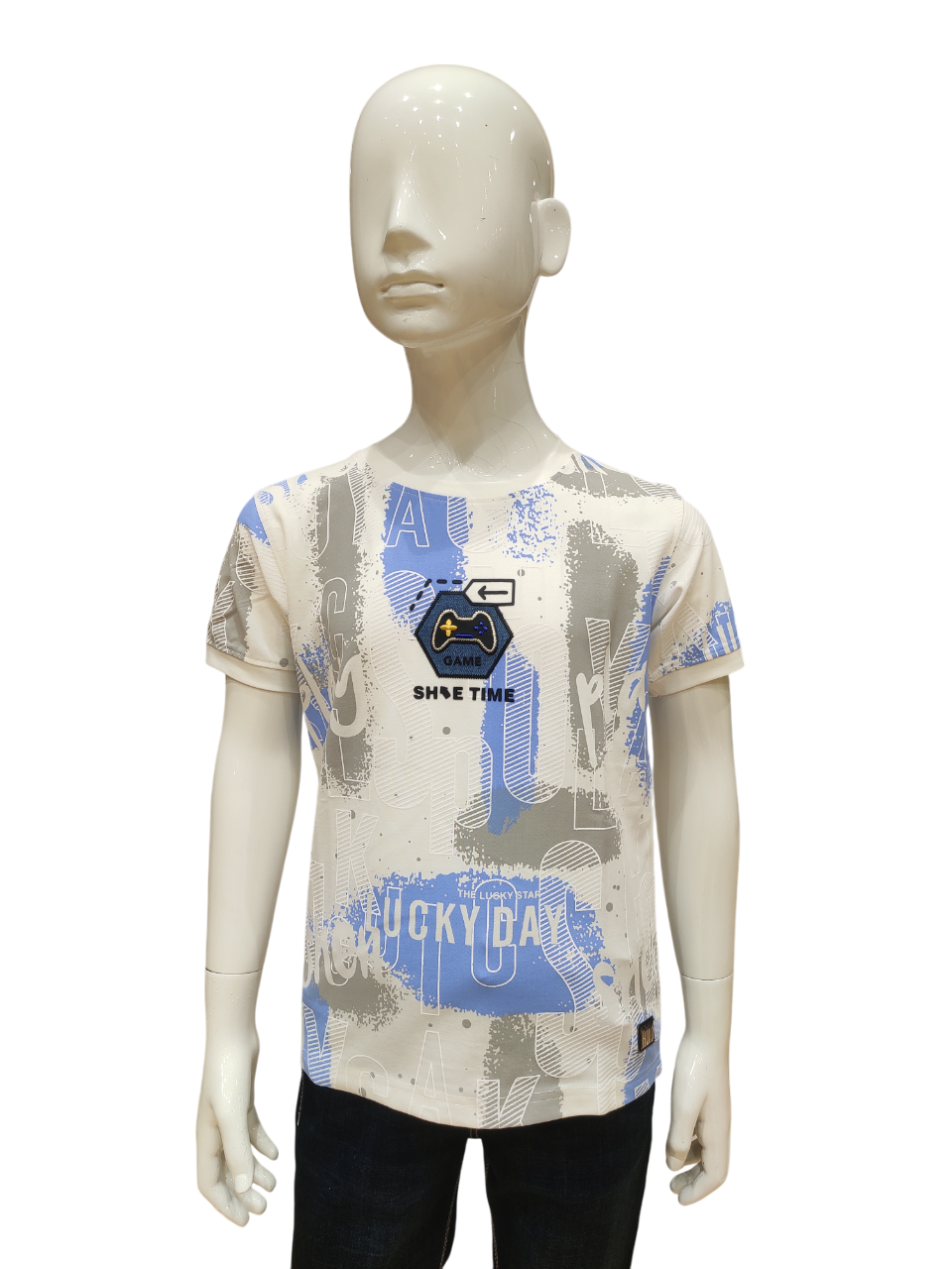 Boys Sky Blue Round Neck Half Sleeve Fancy Printed T-Shirt