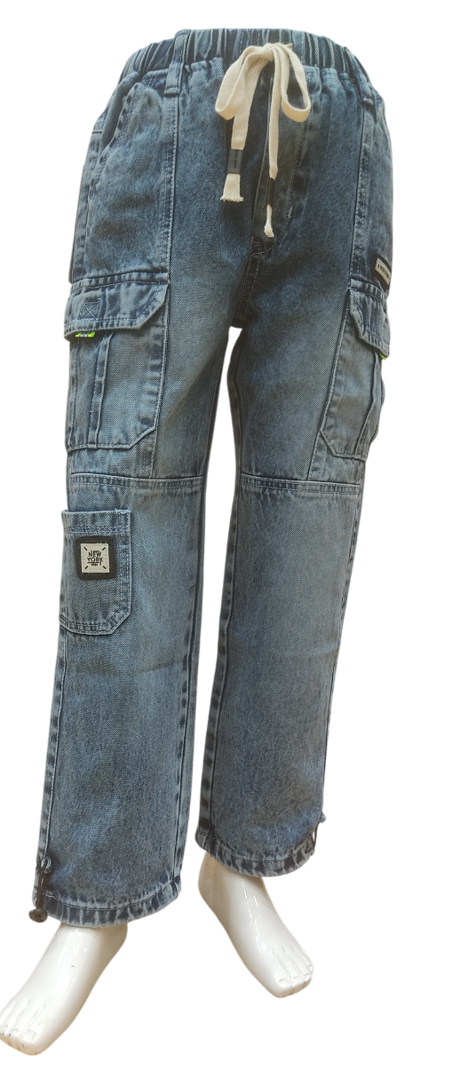 Boys Stone Wash Elastic Waist Fancy Cargo Pant