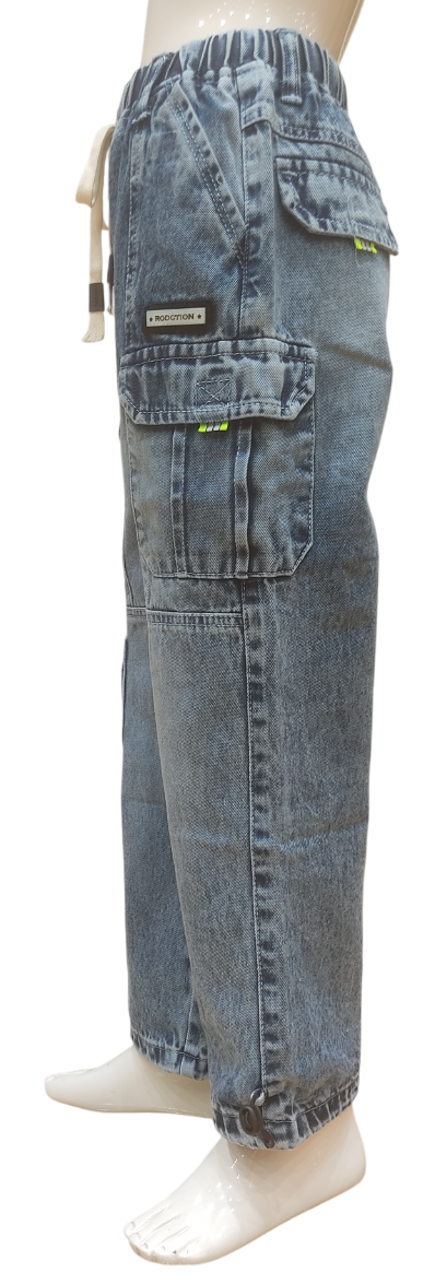 Boys Stone Wash Elastic Waist Fancy Cargo Pant