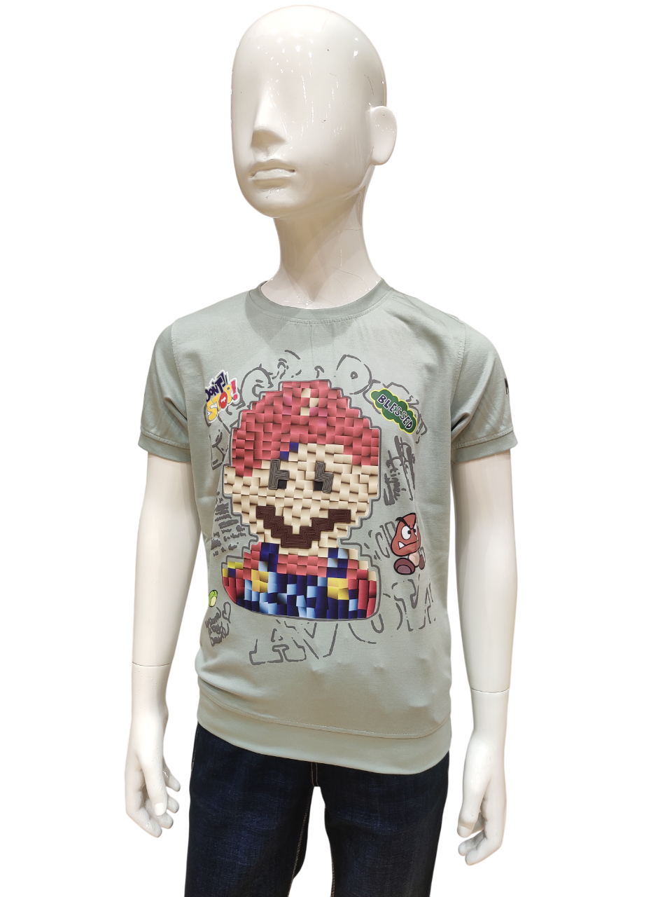 Boys Pista Green Round Neck Half Sleeve Fancy Printed T-Shirt