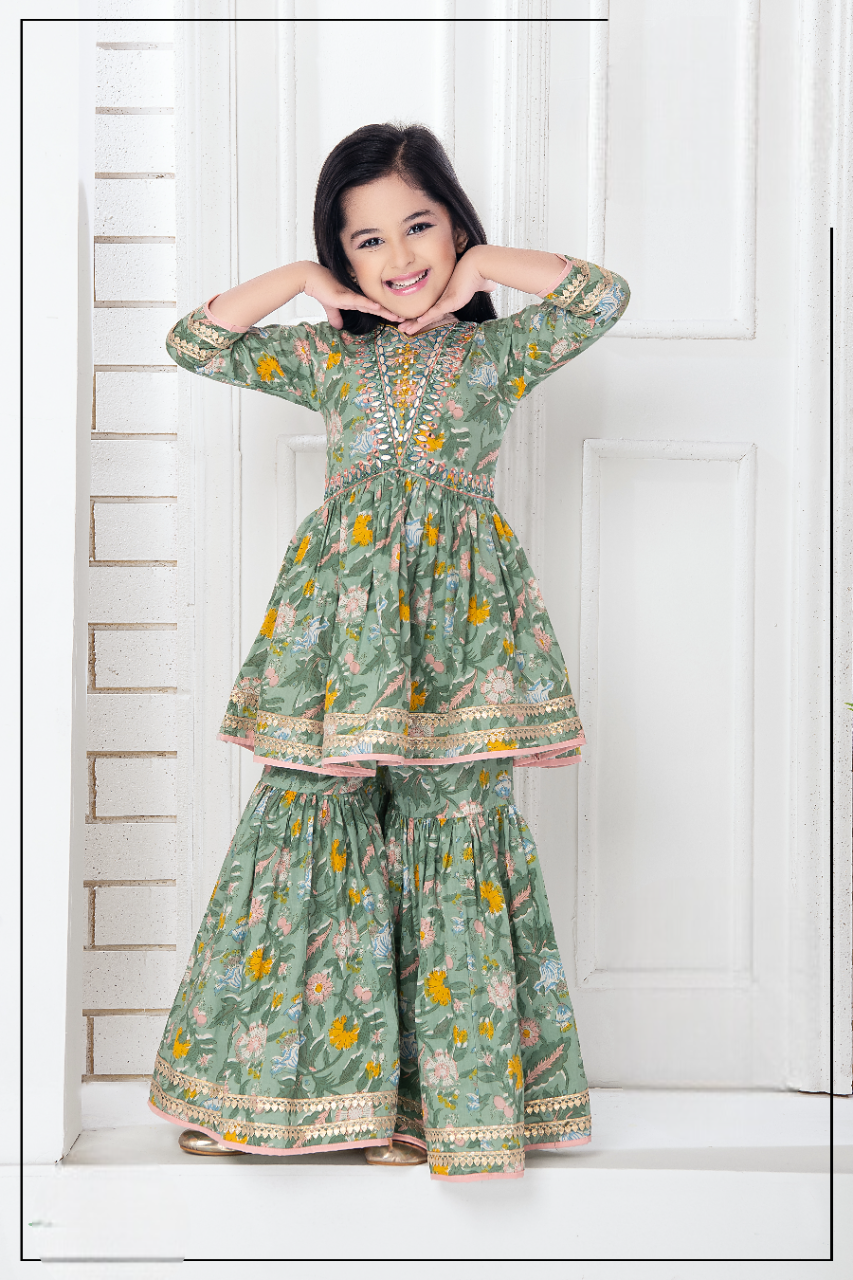 Girls Green Fancy Printed Gharara Suit