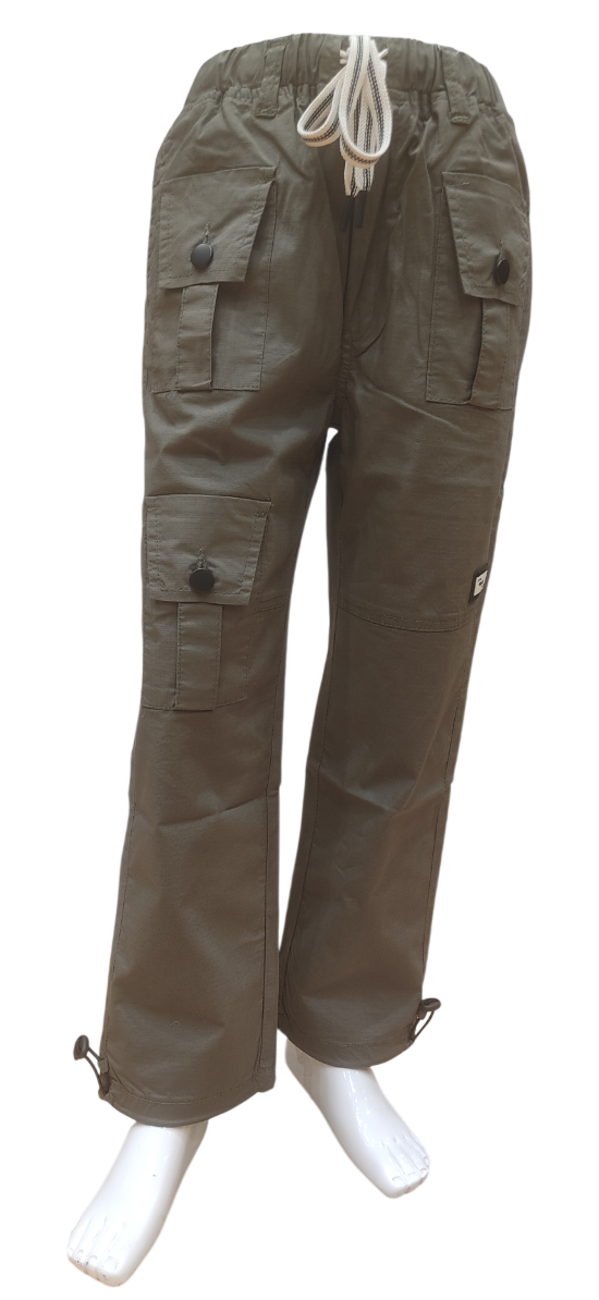 Boys Olive Green Elastic Waist Fancy Cargo Pant