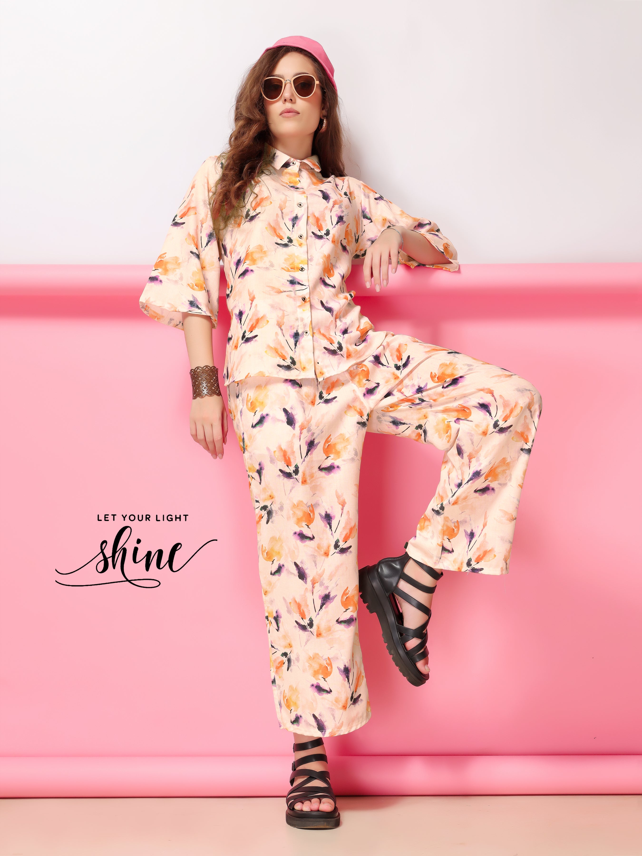 Women Beige Collar Style Printed Top With Printed Plazo Stylish Co-Ord Set