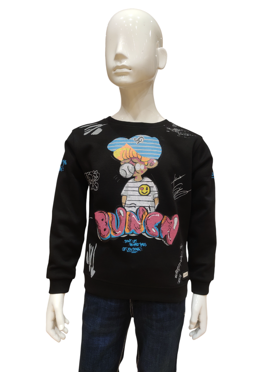 Boys Black Round Neck Full Sleeve Fancy Printed T-Shirt