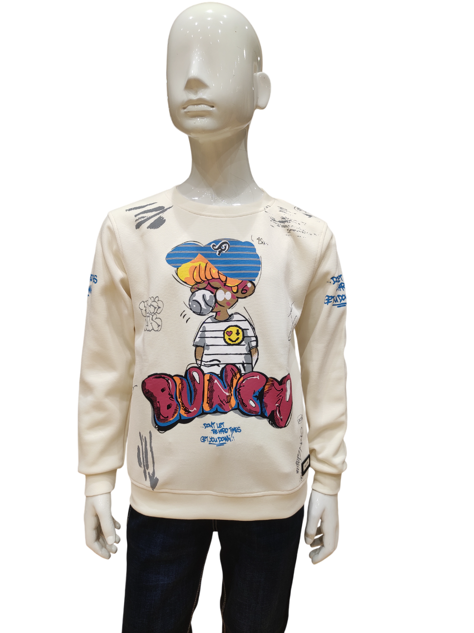 Boys Off White Round Neck Full Sleeve Fancy Printed T-Shirt