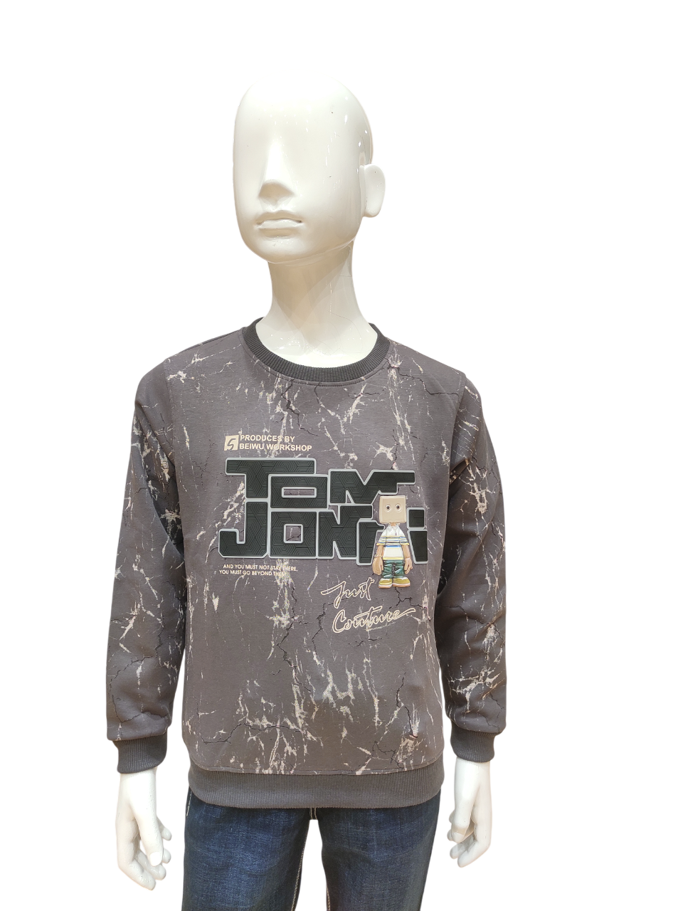 Boys Grey Round Neck Full Sleeve Fancy Printed T-Shirt